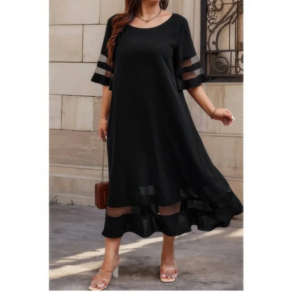 Elegant Black Mesh Splicing Dress Sheer Accents Sz XXL - Picture 1 of 7